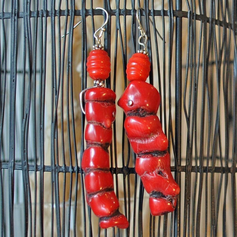 Red Coral & Silver Earrings Long Dangle Handmade Drop Unique​​​​